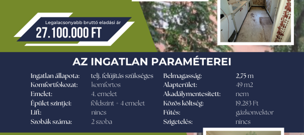 Eladó lakás Egerben, a Kodály Zoltán utca 11. szám 4. emelet 2. ajtó alatt. A teljes felújítást igénylő, komfortos ingatlan 49 négyzetméteres, kétszobás, belmagassága 2,75 méter. Az épület földszintből és négy emeletből áll, lift és szigetelés nincs, a lakás nem akadálymentesített. Fűtése gázkonvektoros, a közös költség 19 283 forint. Legalacsonyabb bruttó eladási ár: 27 100 000 forint. A hirdetésen a lakás két szobája és felújítandó konyhája látható. További információ a vételi eljárásról: +36 36 511 777, 701-es mellék.