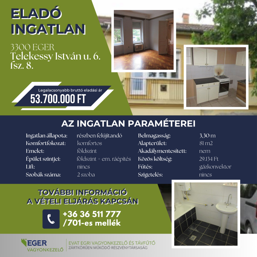 Eladó ingatlan Egerben, a Telekessy István utca 6. szám földszint 8. ajtó alatt. A részben felújítandó, komfortos ingatlan 81 négyzetméteres, kétszobás, belmagassága 3,30 méter. Az épület földszintes, emeleti ráépítéssel; lift és szigetelés nincs, az ingatlan nem akadálymentesített. Fűtése gázkonvektoros, a közös költség 29 134 forint. Legalacsonyabb bruttó eladási ár: 53 700 000 forint. A hirdetésen az egyik szoba, a konyha és a fürdőszoba látható. További információ a vételi eljárásról: +36 36 511 777, 701-es mellék.