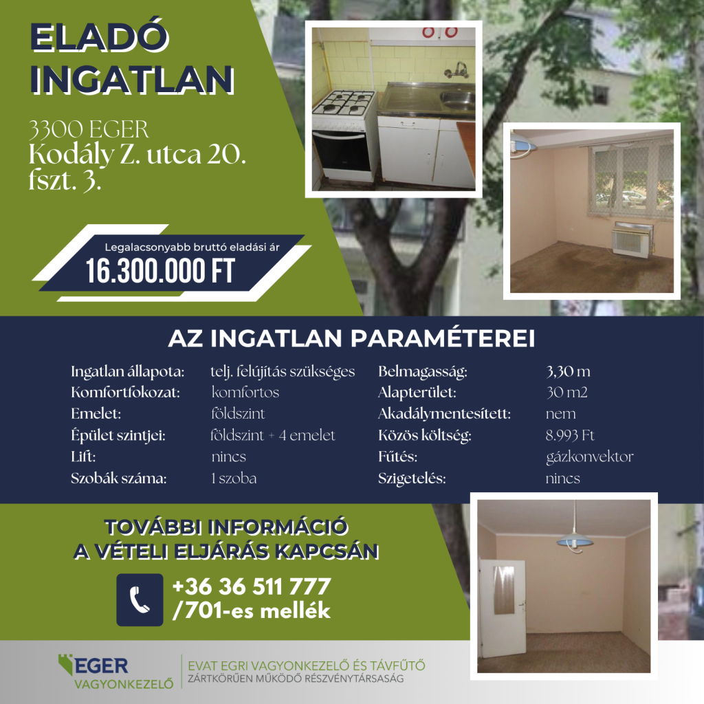 Eladó lakás Egerben, a Kodály Zoltán utca 20. szám földszint 3. ajtó alatt. A teljes felújítást igénylő, komfortos ingatlan 30 négyzetméteres, egyszobás, belmagassága 3,30 méter. Az épület földszintből és négy emeletből áll, lift és szigetelés nincs, a lakás nem akadálymentesített. Fűtése gázkonvektoros, a közös költség 8 993 forint. Legalacsonyabb bruttó eladási ár: 16 300 000 forint. A hirdetésen a felújítandó konyha és a szoba két nézete látható. További információ a vételi eljárásról: +36 36 511 777, 701-es mellék.