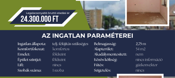 Eladó ingatlan Egerben, a Mátyás király út 5. szám földszint 2. ajtó alatt. A teljes felújítást igénylő, komfortos ingatlan 54 négyzetméteres, egyszobás, belmagassága 2,75 méter. A földszintes épületben lift nincs, az ingatlan nem akadálymentesített és nem szigetelt. Fűtése gázkonvektoros, a közös költségről nincs információ. Legalacsonyabb bruttó eladási ár: 24 300 000 forint. A hirdetésen az ingatlan felújítandó belső tereiről készült három fénykép látható. További információ a vételi eljárásról: +36 36 511 777, 701-es mellék.