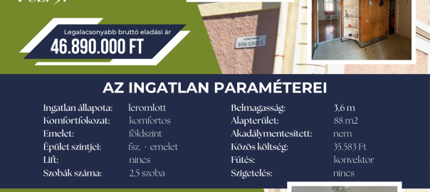 Eladó ingatlan 3300 Eger, Barkóczy u. 10. Fsz. 3. Legalacsonyabb bruttó eladási ár: 46.890.000 Ft. Az ingatlan paraméterei: Ingatlan állapota: leromlott, Komfortfokozat: komfortos, Emelet: földszint, Épület szintjei: fsz. + emelet, Lift: nincs, Szobák száma: 2,5 szoba, Belmagasság: 3,6 m, Alapterület: 88 m2, Akadálymentesített: nem, Közös költség: 35.583 Ft, Fűtés: konvektor, Szigetelés: nincs. További információ a vételi eljárás kapcsán a +36 36 511 777 telefonszámon a 701-es melléken érhető el. A hirdető az EGER VAGYONKEZELŐ, pontosabban az EVAT Egri Vagyonkezelő és Távfűtő Zártkörűen Működő Részvénytársaság.