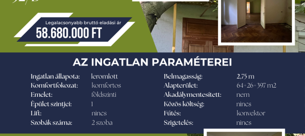 Eladó ingatlan 3300 Eger, Knézich Károly u. 32/B. Legalacsonyabb bruttó eladási ár: 58.680.000 Ft. Az ingatlan paraméterei: Ingatlan állapota: leromlott, Komfortfokozat: komfortos, Emelet: földszinti, Épület szintjei: 1, Lift: nincs, Szobák száma: 2 szoba, Belmagasság: 2,75 m, Alapterület: 64+26+397 m2, Akadálymentesített: nem, Közös költség: nincs, Fűtés: konvektor, Szigetelés: nincs. További információ a vételi eljárás kapcsán a +36 36 511 777 telefonszámon a 701-es melléken érhető el. A hirdető az EGER VAGYONKEZELŐ, pontosabban az EVAT Egri Vagyonkezelő és Távfűtő Zártkörűen Működő Részvénytársaság.